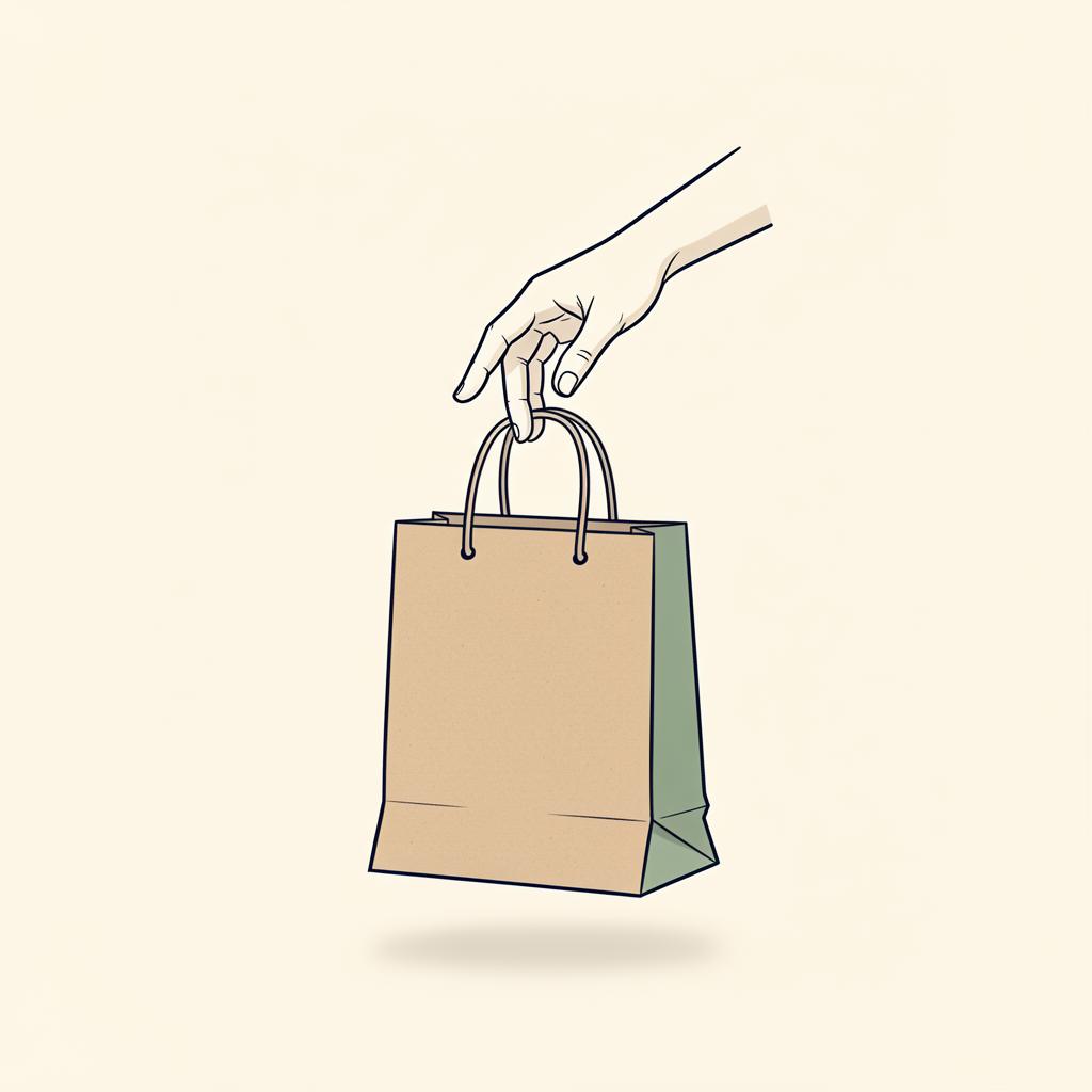 A hand pausing over a shopping bag